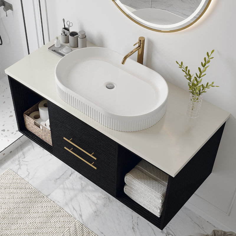 Meuble-lavabo mural moderne 39,4 po avec lavabo ovale en céramique, armoire en bois massif multicouches et tiroirs à fermeture en douceur pour la vie urbaine