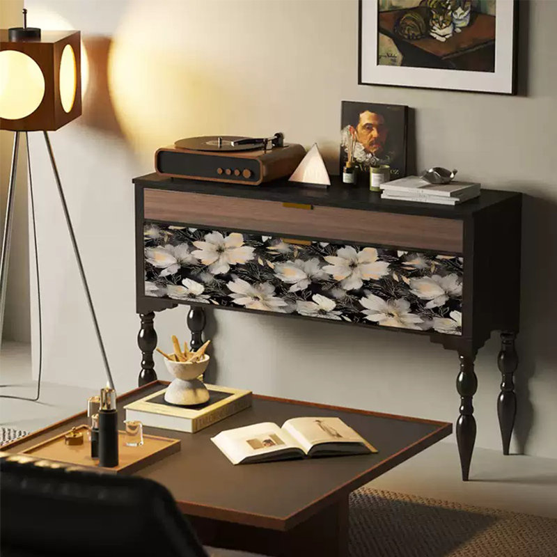 Retro Classical Art Console Table with Drawers, Black