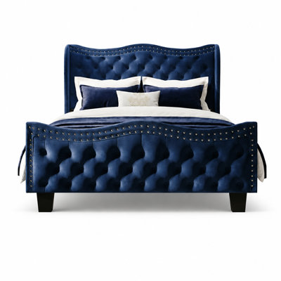 Modern Tufted Velvet Wingback Platform Bed with Nailhead Trim