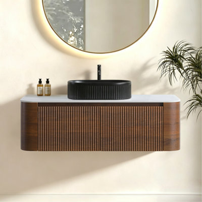 Meuble-lavabo 48 po avec lavabo, armoire murale en noyer avec porte-serviettes gratuit, lavabo simple en céramique rayé ovale noir, sans bonde ni robinet, pré-assemblé