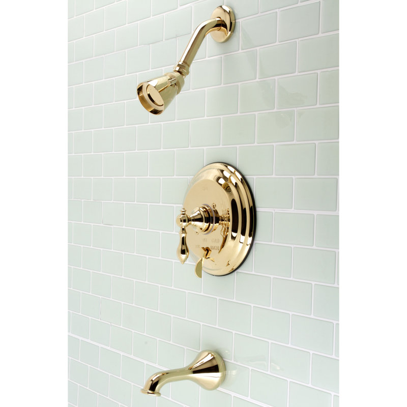 Kingston Brass Restoration Single-Handle Pressure Balanced Tub and Shower Faucet, Brushed Brass, Vintage Teardrop Lever