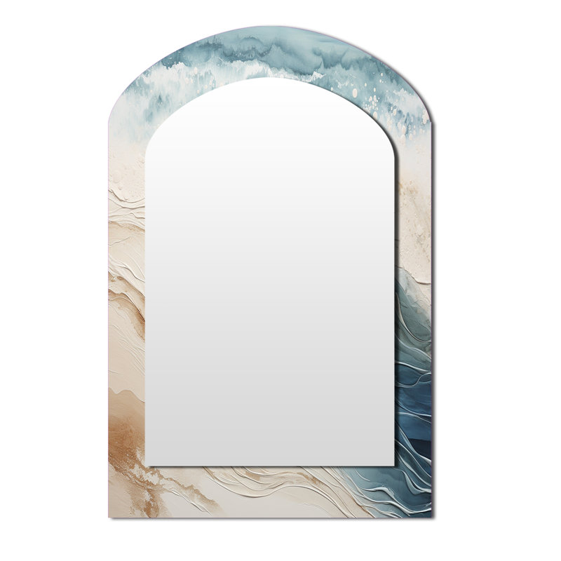 Modern Blue And Beige Sand Aerial View V - Beach Sand Asymmetrical Large Mirror, Grey Arch Decorative Wall Mirror, Printed Metal Art