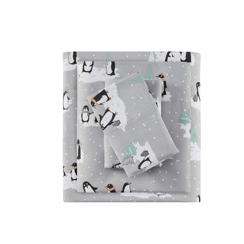 Ensemble de draps en flanelle de coton 4 pièces Gracie Mills, Ensemble de draps pour lit très grand avec un dra, Gris / blanc