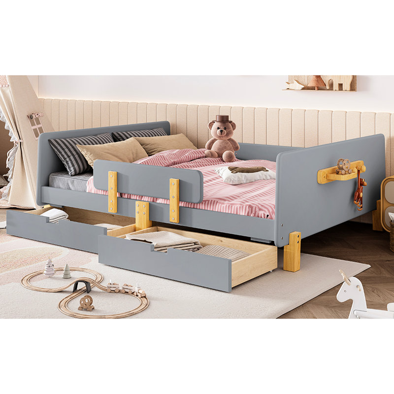 Lit double en bois massif gris avec tiroirs de rangement, garde-corps, petite tablette, crochets et plateforme de support à lattes perméable à l'air