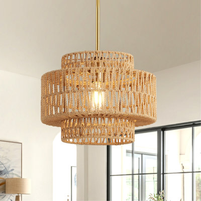 Luminaire lustre en rotin 12,5 po Boho, luminaire suspendu tissé à la main à 1 lumière de style campagnard rustique pour îlot de cuisine Chambre à coucher, salle à manger, salon, entrée, vestibule