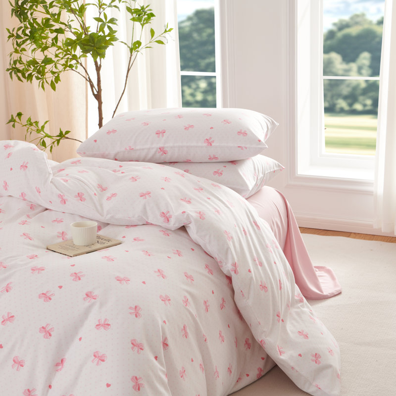 Nayoroom Cartoon Pink Bowknot Pattern On White Duvet Cover Set Teens Gentle Soft Home Cozy And Breathable Bedding Set