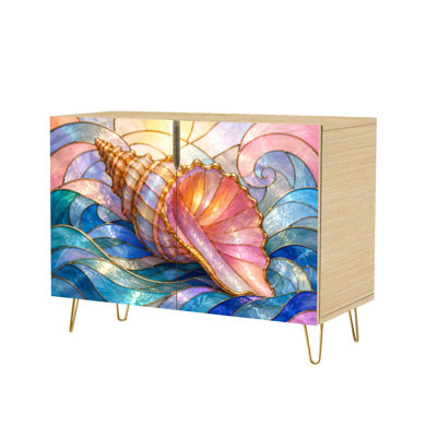 Sideboard Buffet Cabinet with Concealed Storage 2 Doors Stained Glass  Conch Print Abstract Ocean Waves Shell Multiuse Cabinet for Living Room, Kitchen and Coffee Bar