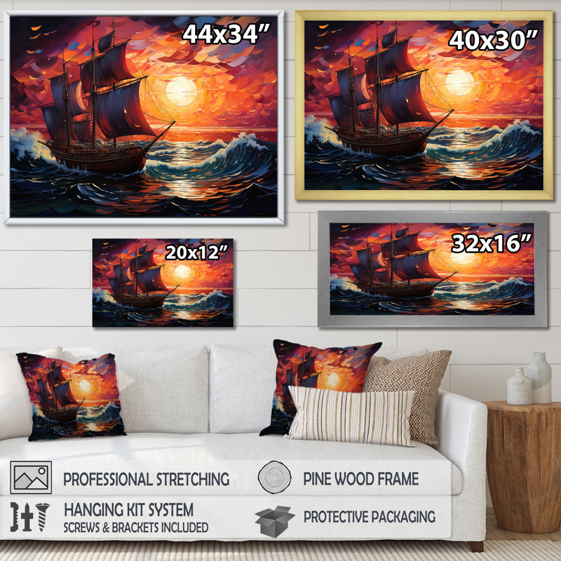 Bateau pirate au milieu de Legacy I - Bateau, art mural, Cadre flottant doré, H 16 po x l 32 po x P 1 po
