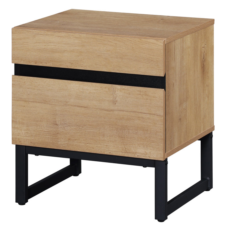 Nellie Modern End Table With 2 Drawers, Farmhouse Sofa Table With Black Square Leg, Wood Rustic Side End Table For Living Room, Nighstand For Bedroom, Oak