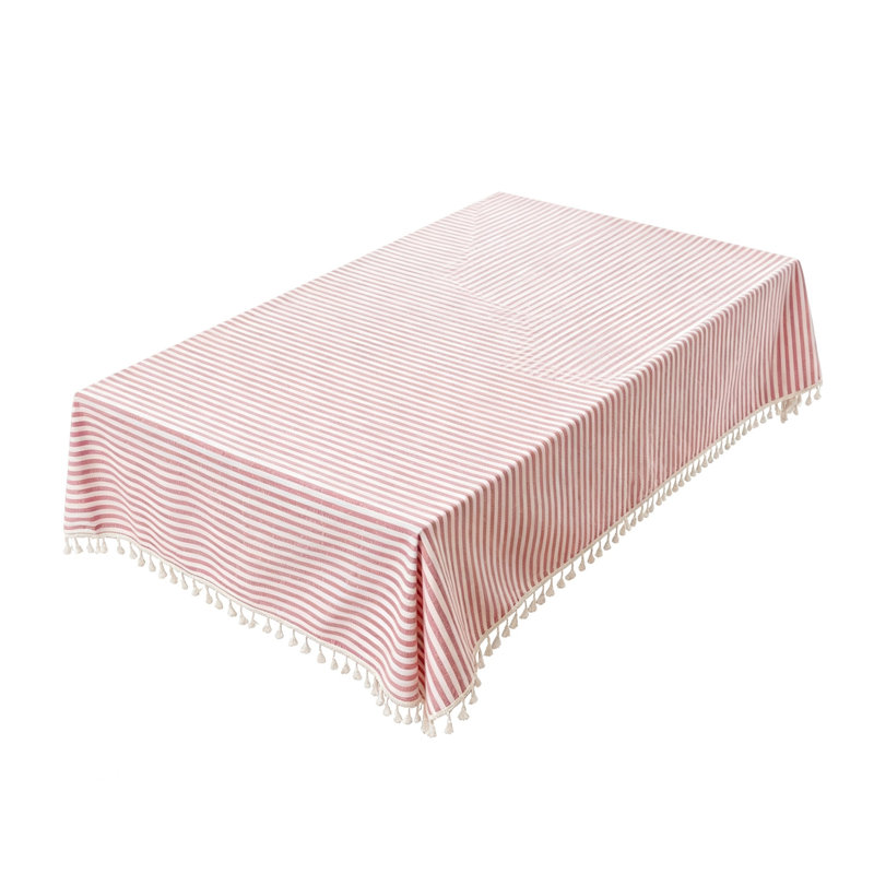Red Rectangle Stripe Tassels Tablecloth Dust-Proof Cotton Table Cover (140 x 300 cm)