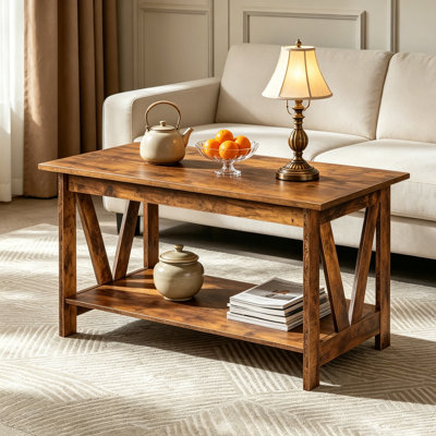 39.4" Farmhouse 2-Tier Coffee Table with V-Shaped Frame Support, Rustic Wood Storage Center Table for Living Room, Bedroom & Balcony