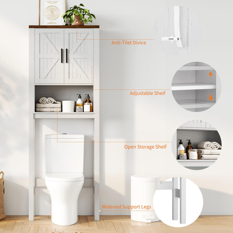 Freestanding 65"H Over Toilet Storage Cabinet with Adjustable Shelf and Barn Doors for Bathroom, White/Black
