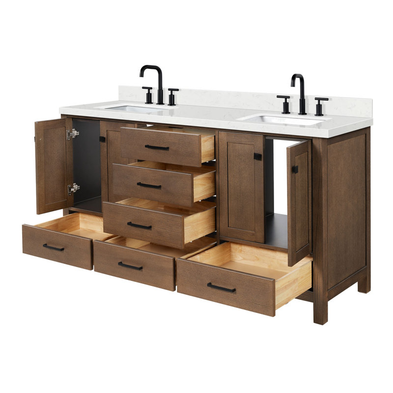 Cambridge 66.25'' Double Bathroom Vanity with Carrara Quartz Top, Rectangular, Oak / Matte Black