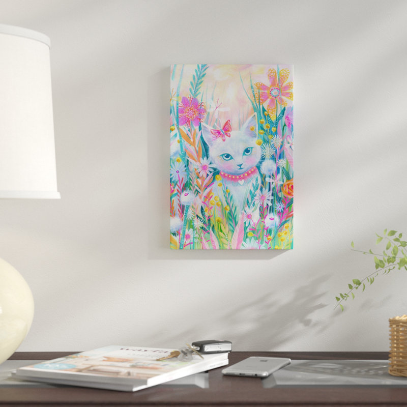 « jardin kitty », peinture sur toile tendue, H 40 po x l 26 po x P 1,5 po, Pas de tapis, Toile tendue