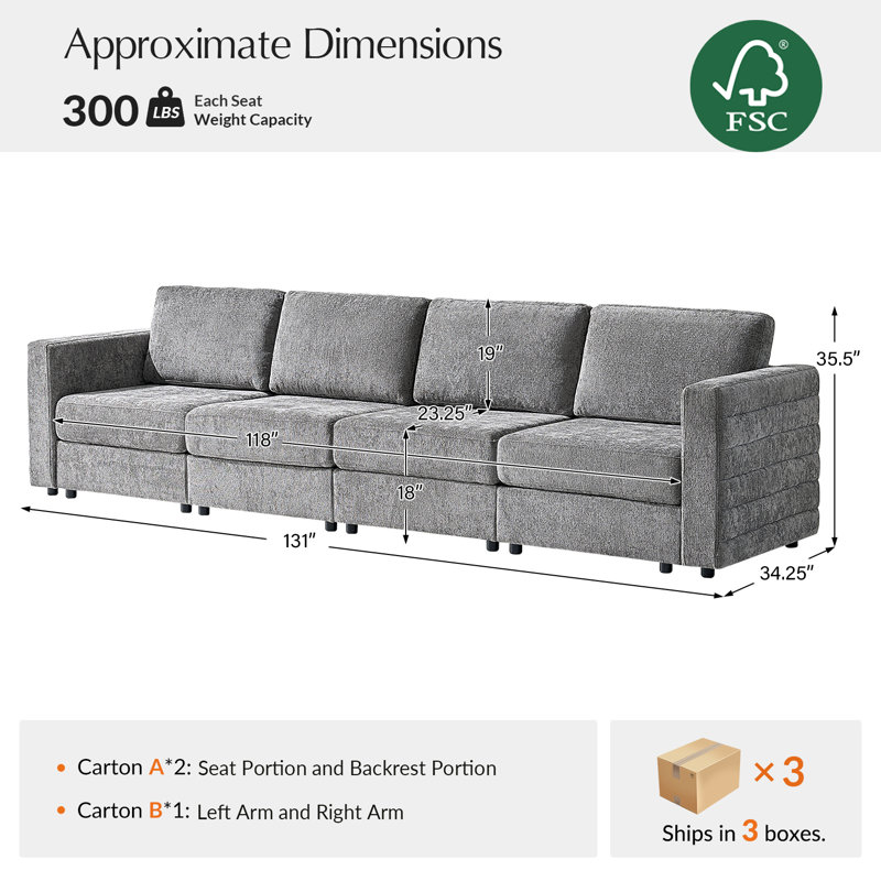 Canapé de rangement modulaire Jagger, Gris, 4, H 35,5 po x l 124,5 po x P 34,25 po