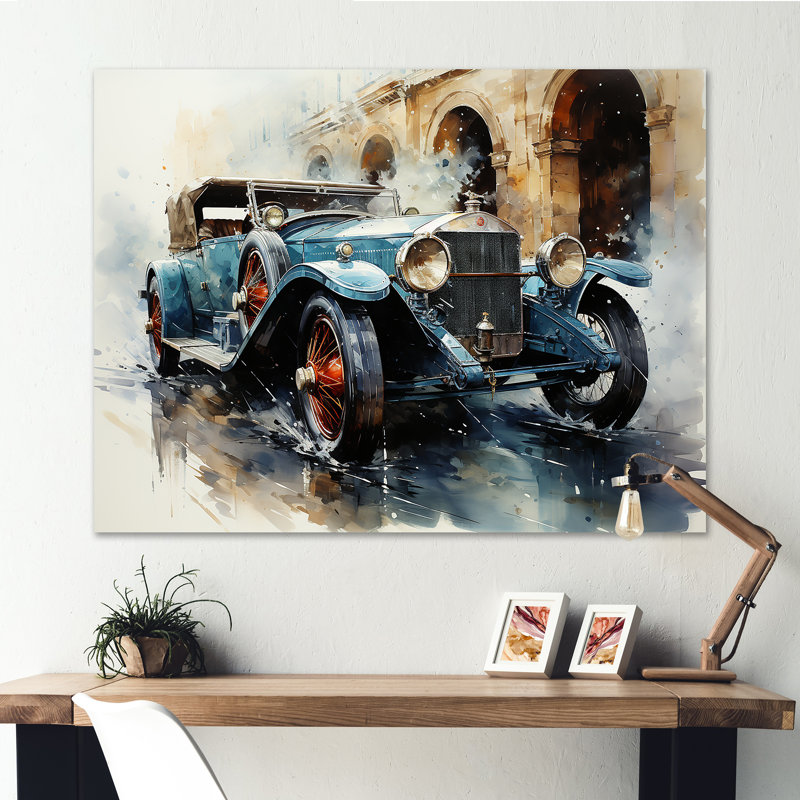 Une aquarelle capturant une voiture rétro - Art mural rétro de voiture, Toile tendue, H 30 po x l 40 po x P 1,5 po