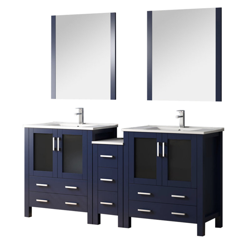 72 po W Double meuble-lavabo bleu marine avec comptoir en céramique blanc, robinet, fermeture en douceur et nombreuses options de rangement dans la salle de bain Armoire latérale, robinet inclus, fermeture, comptoir
