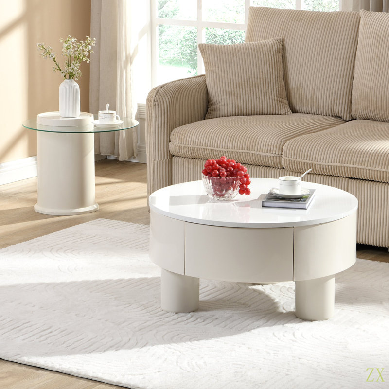 Ensemble de 2 tables basses rondes gigognes, table basse avec tiroir de rangement, table centrale en plastique pour le salon, grand 27,56 po, petit 19,69 po