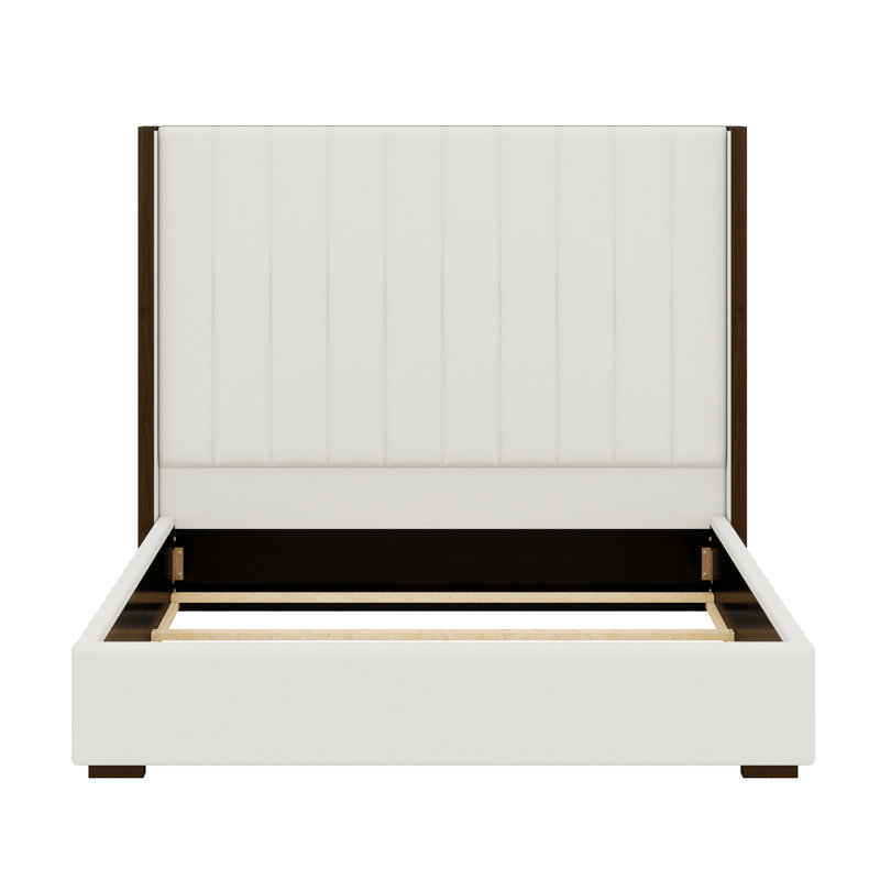Tall Headboard Upholstered Bed With Vertical Striped And Wingback Design