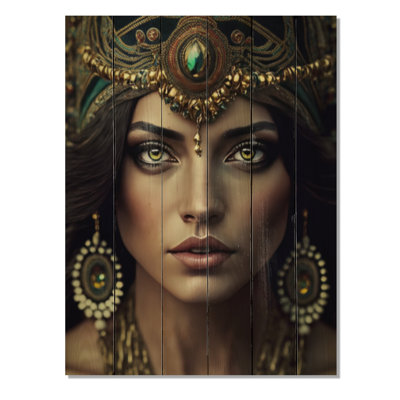 Femme bohémienne aux yeux verts II - impression de femme bohème sur bois de pin naturel