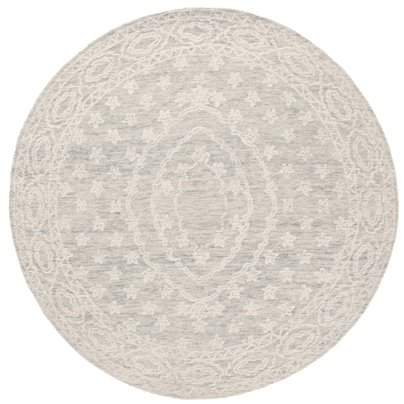 Retalic Ebony Hand Tufted Wool Cotton Floral Rug in Blue/Ivory/Light Blue, Round 6'
