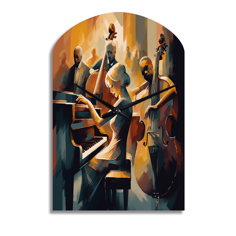 Reproduction d'horloge murale en métal féminin, interpréteuse et bande féminine II - musique asymétrique jazz, Médium