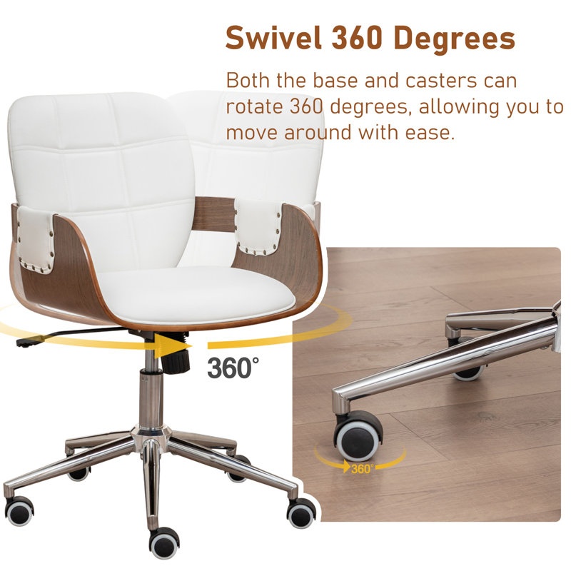 Swivel Height-Adjustable Tilting Faux Leather Office Chair With Curved Wood Design, Beige