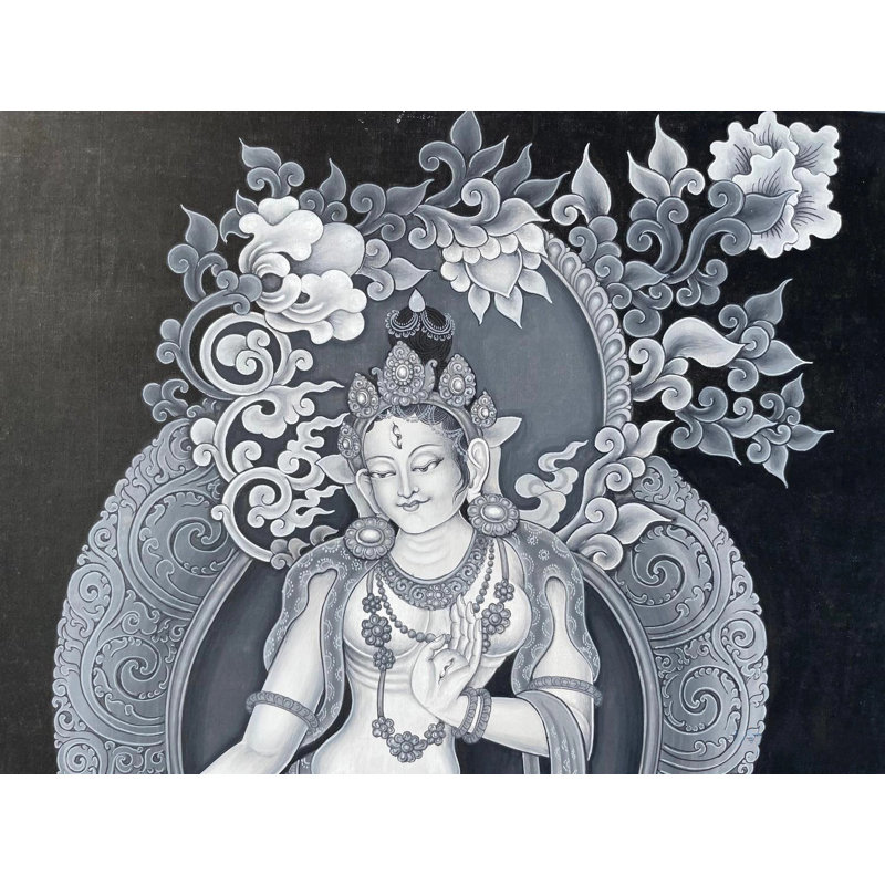 Tara blanc debout représenté en noir et blanc dans un style Nevari Thangka (Brocadeless Thangka)