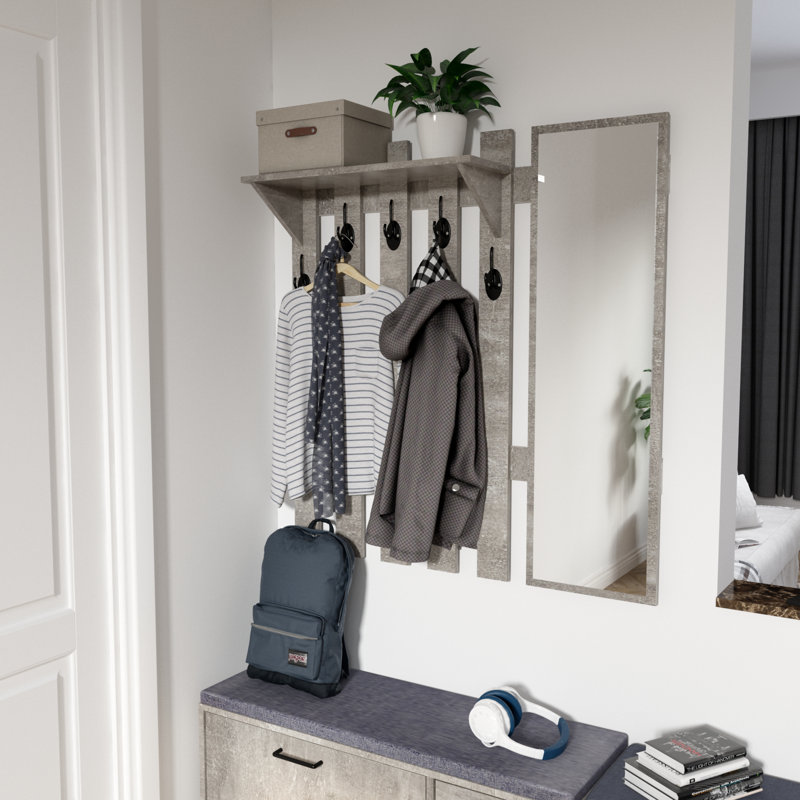 Portemanteau de style moderne avec 5 crochets et miroir, Gris