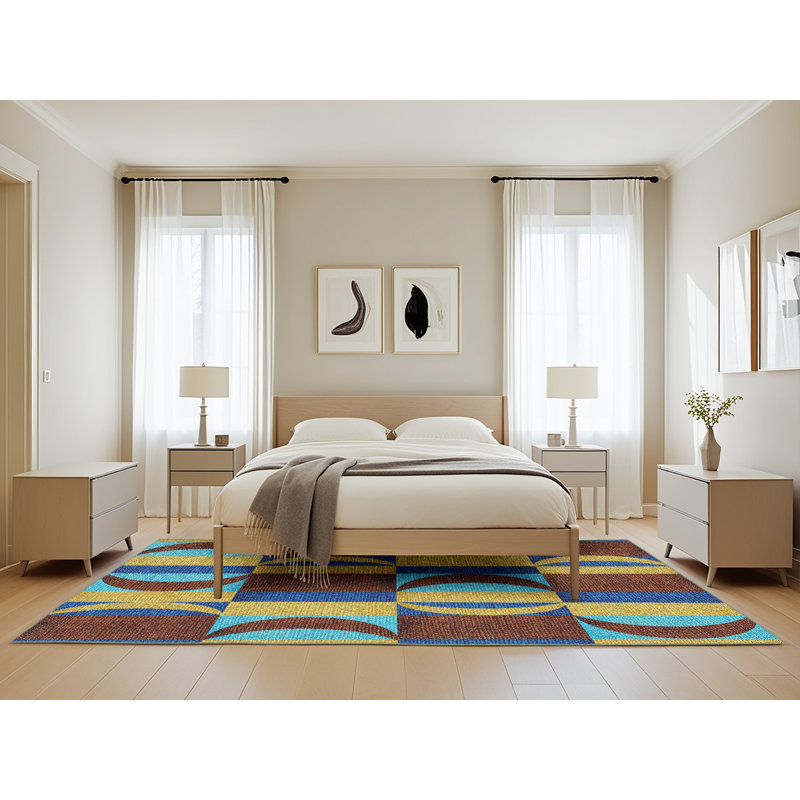 Tapis brun/vert/bleu à motifs, Rectangle 5 pi x 8 pi