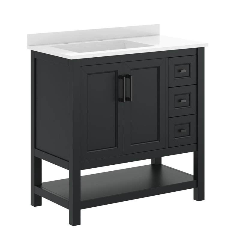 Caniya 36" Single Bathroom Vanity with Sink, Cabinet, Open Storage Shelf, and Storage Drawers, Black, Black, 36"