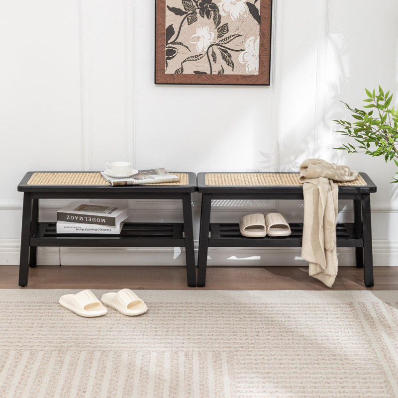 Banc de rangement en bois massif Charla, Noir
