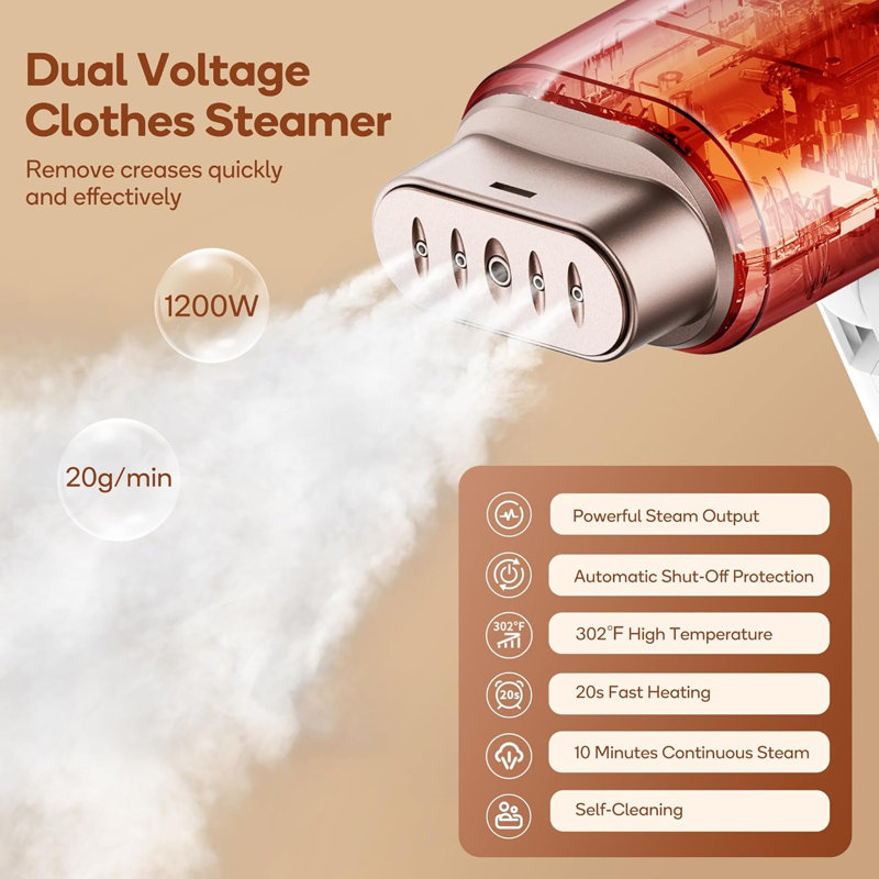 Vaporisateur de vêtements à haute tension 1200 W à haute tension (100-240 V) et rapide 20 s pour la cuisson à la vapeur horizontale, pliable et solide 1,72 lb, 180 ml (doré)