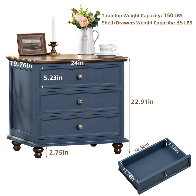 24" Wide Farmhouse Night Stand,Large End Table With 3 Drawers & Metal Handle,Dresser For Bedroom, Bed Side Table Chest Of Drawers Cabinet,Wood Nightstand For Living Room,Closet