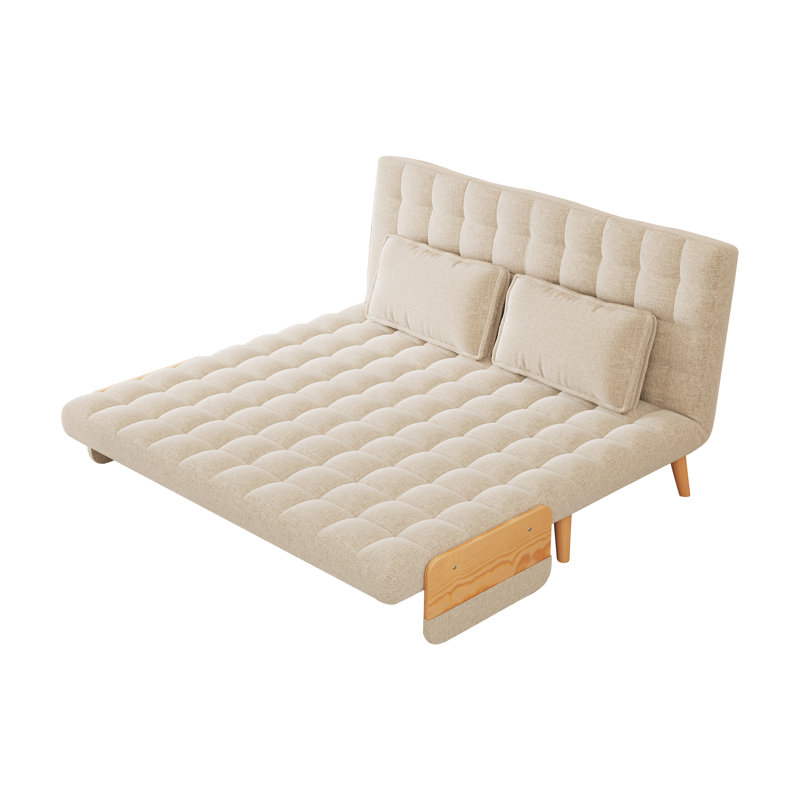 Kikumi 3-in-1 Beige Cotton Linen Upholstered Sofa Chair Reclining Sleeper with Adjustable Backrest, Natural Wood
