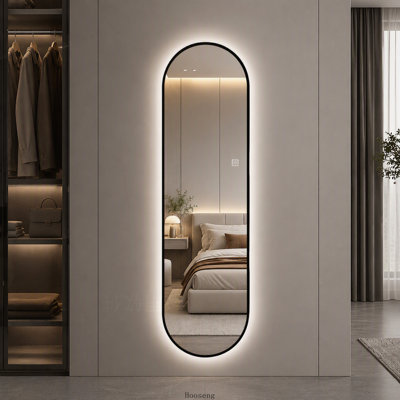 65"x18" Capsule‑Shaped LED Full Length Wall Mirror, Black Frame, Dimmable Full‑Body Mirror