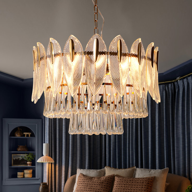Luminaire suspendu en cristal 9 niveaux à 9 lumières de 23,6 po, plume et chute en cristal K9 avec cadre doré pour le salon, la salle à manger