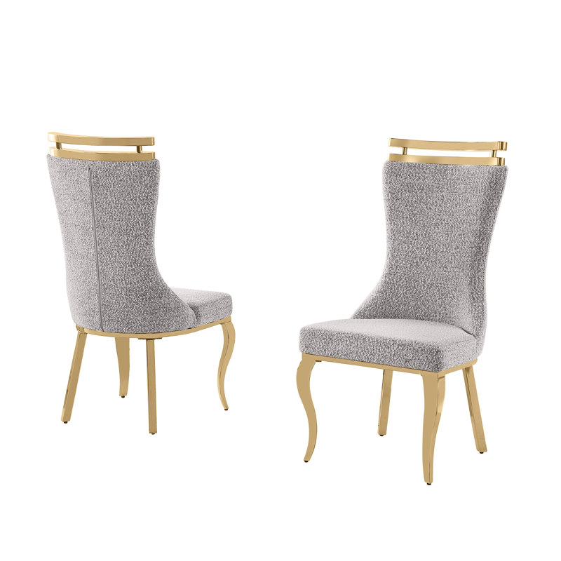 Boucle Dining Chairs With Polished Chrome Frame, Rich Gray, Gold