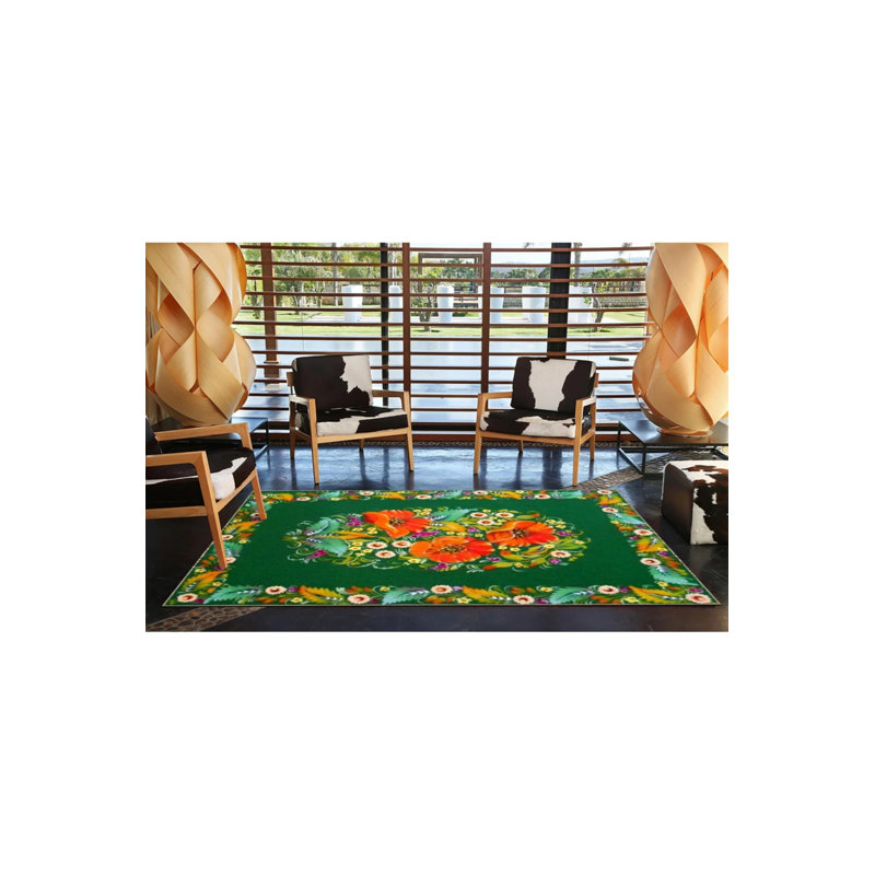 Tapis décoratif floral vert, Rond 3 pi 4 po
