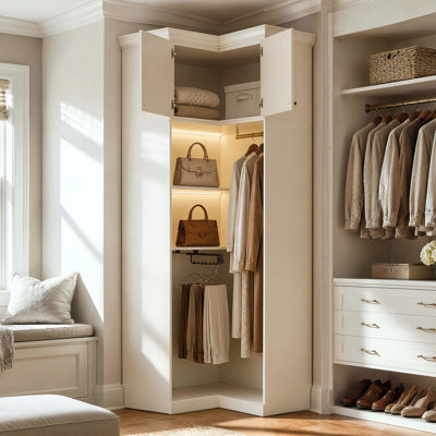 101.5'' H L-Shaped Corner Wardrobe Closet Armoire with Shelves, Clothing Rod and Lighting, White