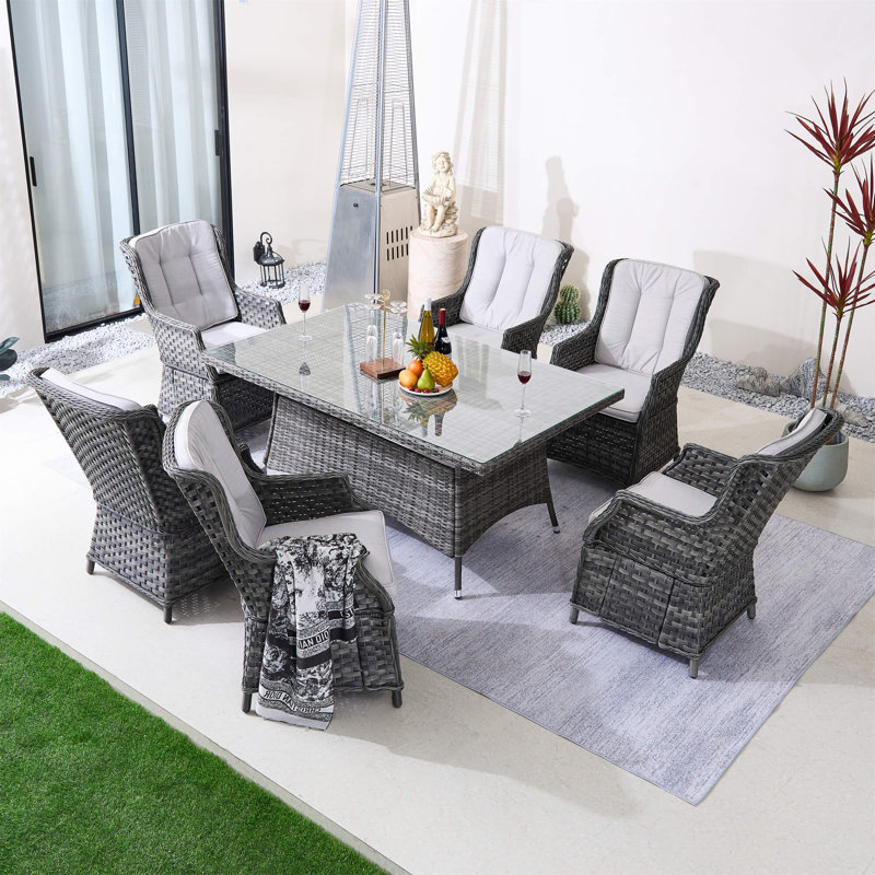 Ensemble repas d'extérieur 7 pièces avec table rectangulaire en osier et coussins PE Ravenna, Gris / Gris