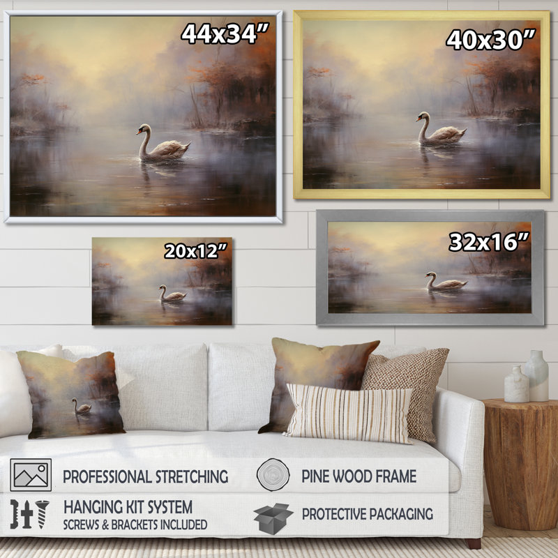Cygne dans la brume II sur toile, H 24 po x l 32 po x P 1 po, Cadre naturel flottant