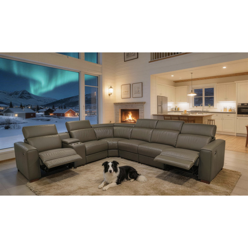 Canapé modulaire inclinable en cuir Bluffledale, Cuir fleur olive