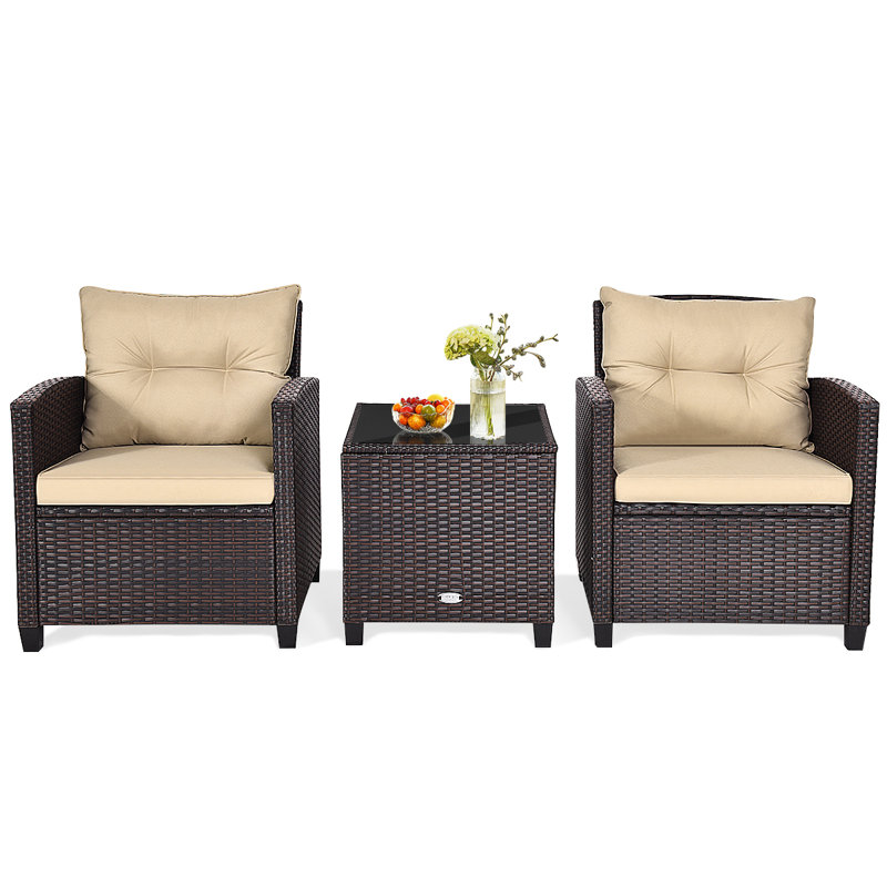 Ensemble de conversation en rotin 3 pièces avec coussins Chunn, Beige, Gris foncé