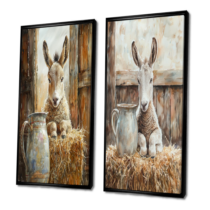 Portrait d'âne à la grange I - Collection d'art mural animaux 2 pièces, H 28 po x l 25 po, Cadre flottant noir