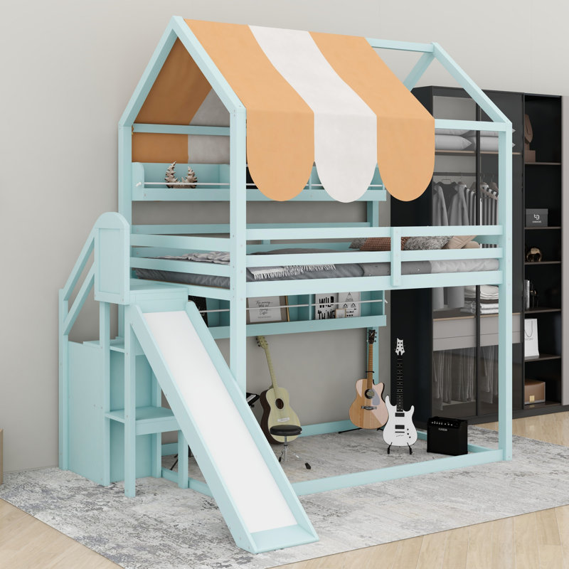 Lit maison avec auvent, glissoire et bibliothèque intégrée, Vert clair