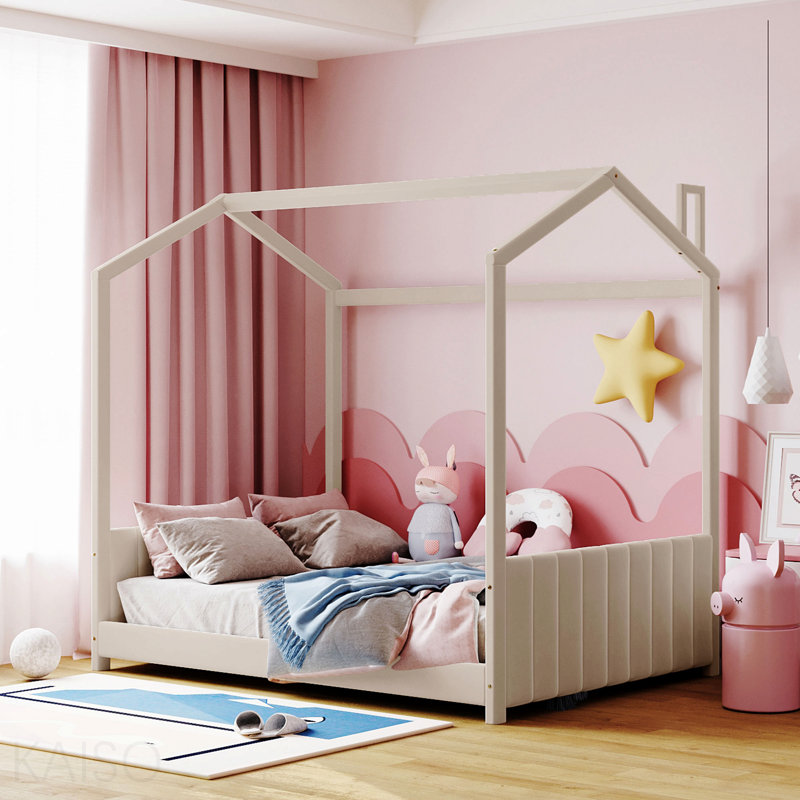Lit en bois pour lit double en velours, beige, Beige, Full