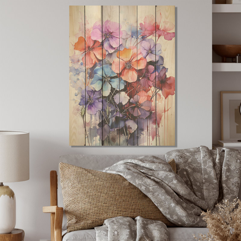 «Joyful Floral Abstraction - Violets», art mural sur bois de pin naturel, H 32 po x l 24 po