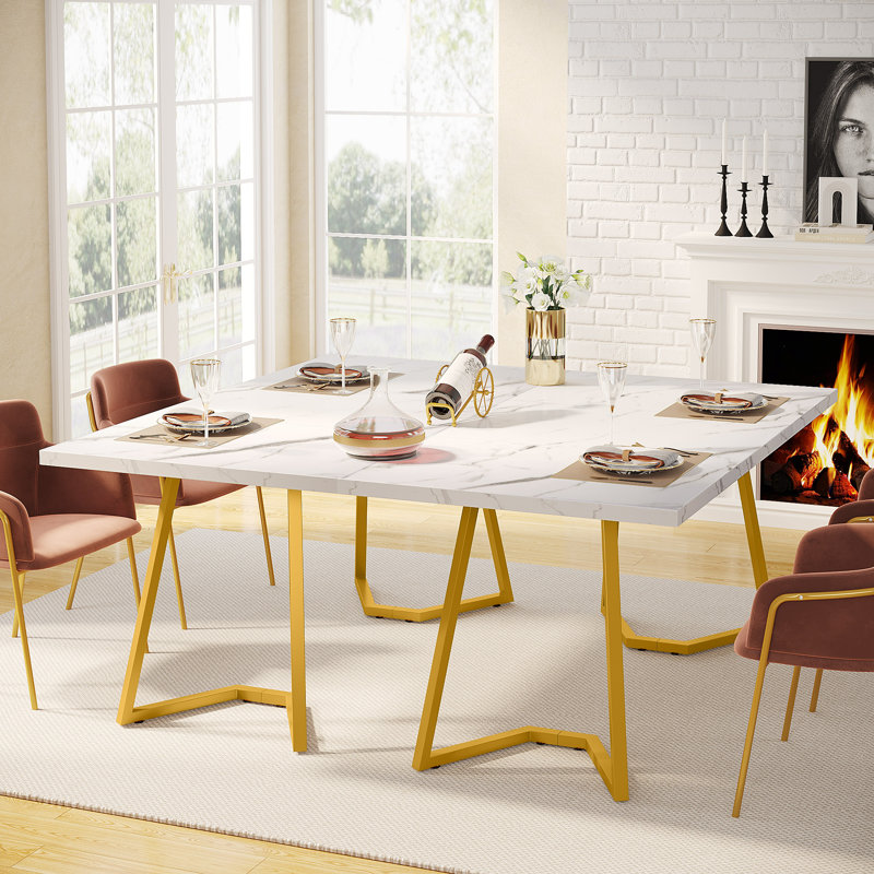 Unfinished Metal Base Dining Table, White, Gold