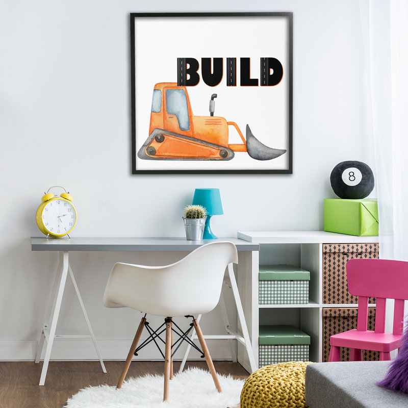 Fabriqué avec un bulldozer orange, estampe numérique, design par Kim Allen, H 24 po x l 24 po, Giclée encadrée noir minuit